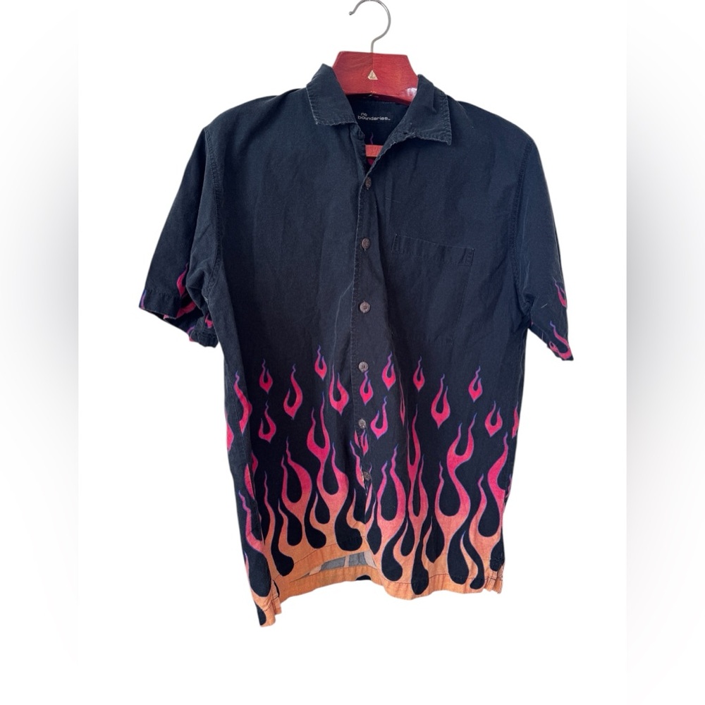 Vintage Y2K No Boundaries Flame Fire Button Down Shirt Grunge Skater